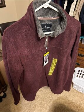 London Fog Men's Maroon Herringbone Zip Jacket with Faux-Fur Collar